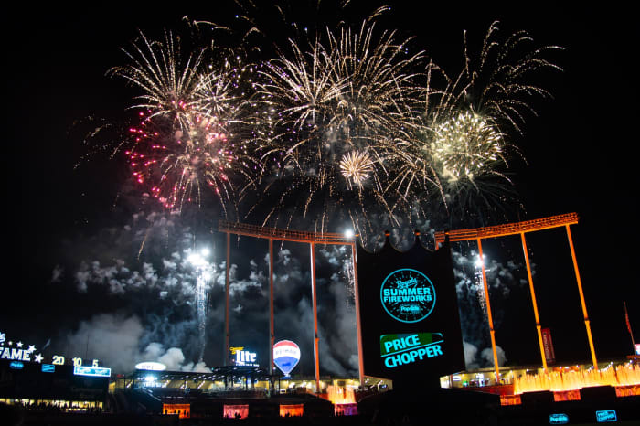 Jul 3, 2019; Kansas City, MO, USA; Fireworks display after the game between the Kansas City Royals and the Cleveland Indians at Kauffman Stadium. Mandatory Credit: Steven Branscombe-USA TODAY Sports